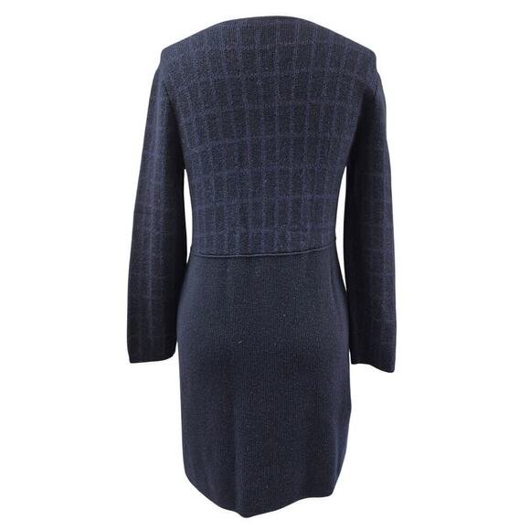 Tory Burch $598 Navy Wool Alpaca Windowpane Knit Long Sweatercoat Cardigan Sz L - Picture 3 of 7